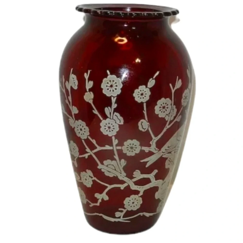 Anchor Hocking Ruby Red Glass Etched Vase Birds Cherry Blossom‎ Scalloped Rim